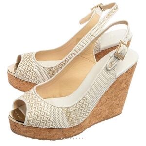 Jimmy Choo Peep-Toe Cork Wedge Sandals in Cream and Tan